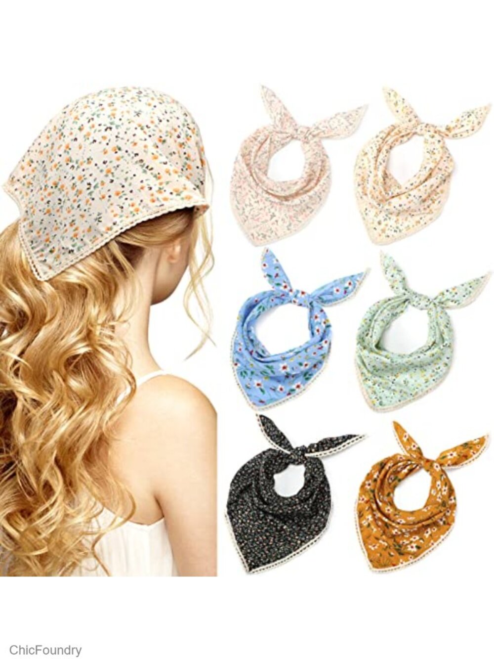6 Pack Floral Chiffon Headband Hair Scarf Triangle Kerchief Boho Headwrap for